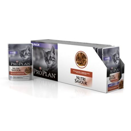 Влажный корм для котят Purina Pro Plan Junior, говядина, коробка (24 пауча), 85 г 12305656-box