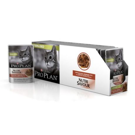 Влажный корм Purina Pro Plan для стерилизованных кошек и кастрированных котов, говядина, коробка (24 пауча), 85 г 12249441-box