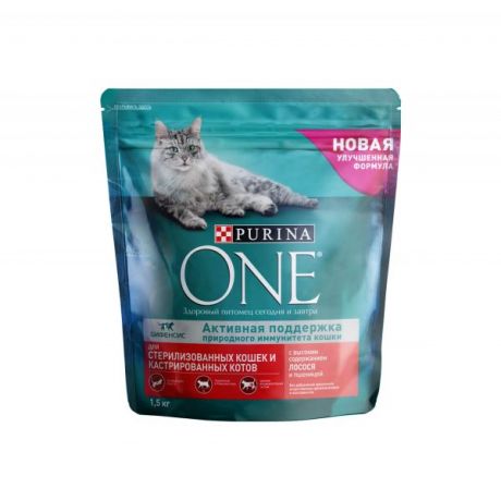 Сухой корм Purina One для стерилизованных кошек и котов с лососем и пшеницей, пакет, 1,5 кг 12353233