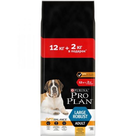 Сухой корм Purina Pro Plan для взрослых собак крупных пород с мощным телосложением с комплексом OPTIBALANCE с высоким содержанием курицы, пакет, 12кг + 2кг 12398185