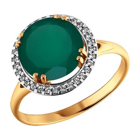 Кольцо из золота с фианитами и зелёным агатом