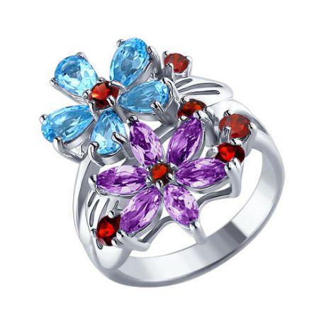 Кольцо с цветочной композицией из полудрагоценных камней