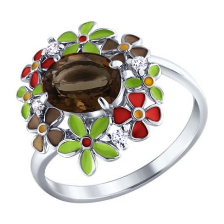 Кольцо из серебра с раухтопазом венчающим цветочную композицию