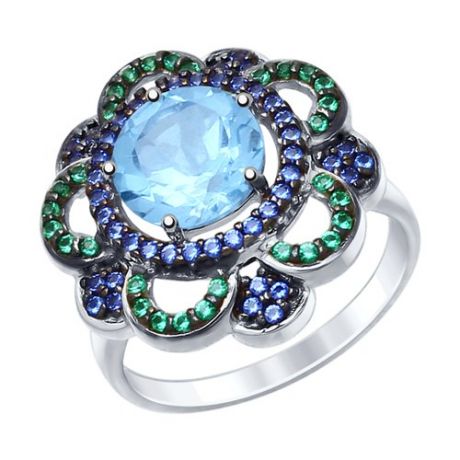 Кольцо из серебра с топазом и зелеными и синими фианитами