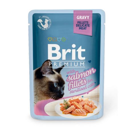 Корм для кошек Brit Premium Cat Gravy для стерилизованных Кусочки из филе лосося в соусе пауч 85г