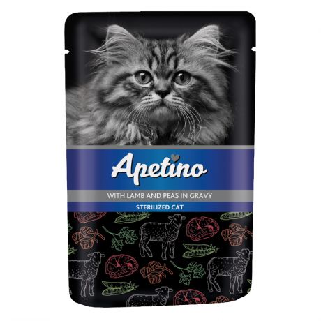 Корм для кошек APETINO для стерилизованных ягненок, горошек в соусе пауч 85г