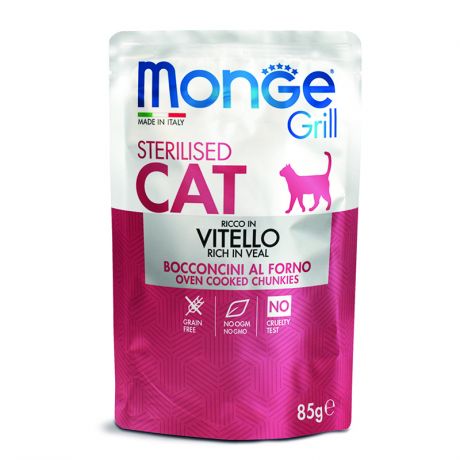 Корм для кошек Monge Cat Grill Pouch для стерилизованных кошек итальянская телятина пауч 85г