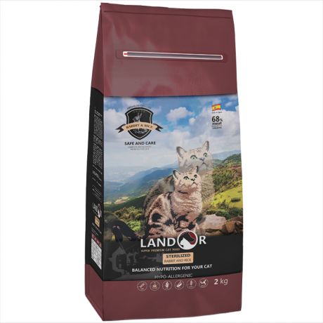 Корм для кошек LANDOR для стерилизованных и с избыточным весом, кролик с рисом сух. 2кг