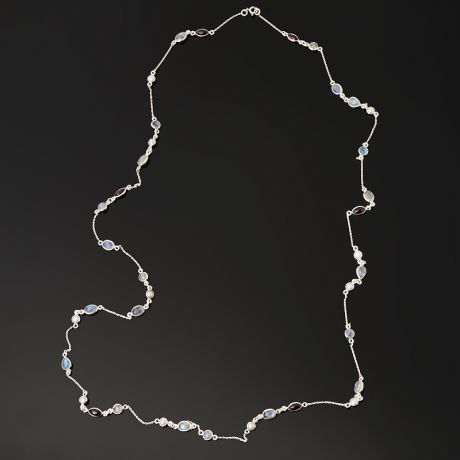 Бусы микс гранат, жемчуг, лунный камень (серебро 925 пр.) (цепочка) длинные 91 см