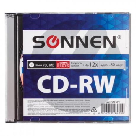 Диск CD-RW SONNEN, Slim Case, 4-12x, 700 Mb