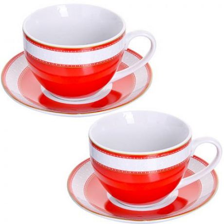 Чайный набор LORAINE, 220 мл, 4 предмета, красный/белый, с узором