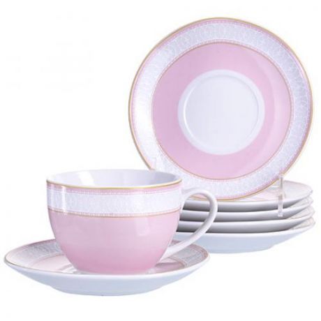 Чайный набор LORAINE, 220 мл, 12 предметов, розовый/белый