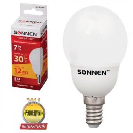 Лампа люминесцентная энергосберегающая SONNEN, E14, 7 W, 12000 ч, шар
