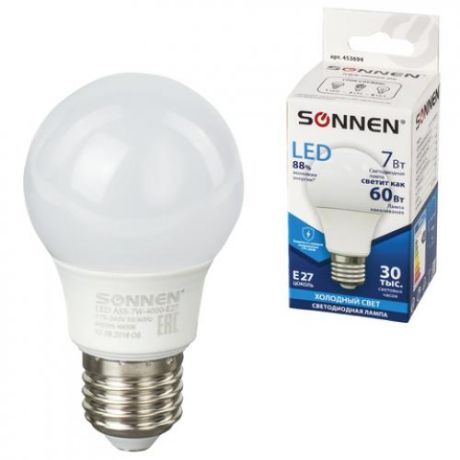 Лампа светодиодная SONNEN, Е27, 7W, LED А55, холодный свет, грушевидная