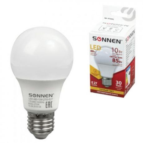 Лампа светодиодная SONNEN, Е27, 10W, LED А60, теплый свет, грушевидная