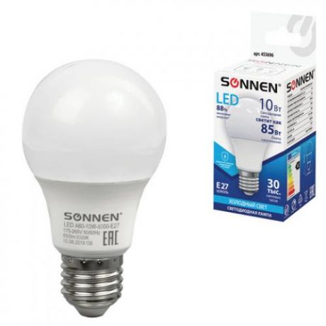 Лампа светодиодная SONNEN, Е27, 10W, LED А60, холодный свет, грушевидная