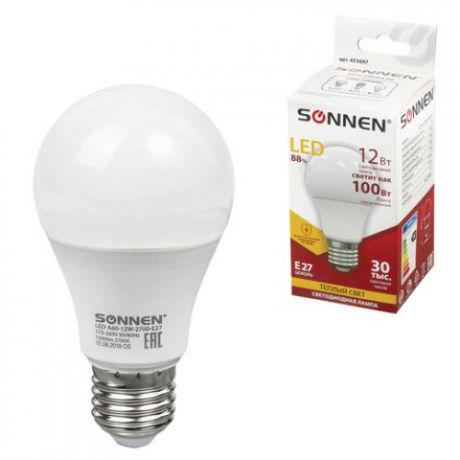 Лампа светодиодная SONNEN, Е27, 12W, LED А60, теплый свет, грушевидная