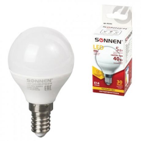 Лампа светодиодная SONNEN, Е14, 5W, LED G45, теплый свет, шар