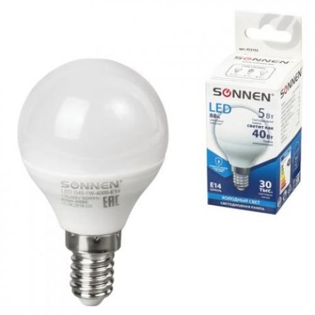 Лампа светодиодная SONNEN, Е14, 5W, LED G45, холодный свет, шар