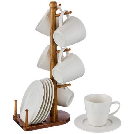 Чайный набор Lefard, 13 предметов, белый/дерево, рельефный, на подставке