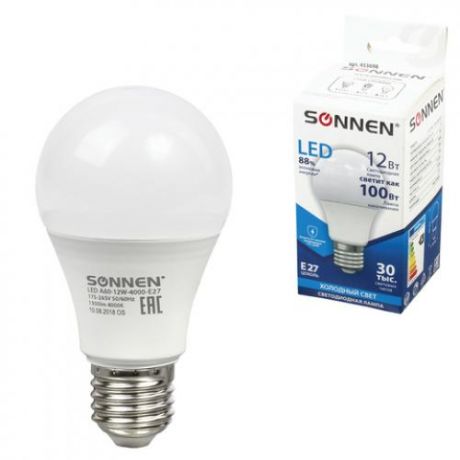 Лампа светодиодная SONNEN, Е27, 12W, LED А60, холодный свет, грушевидная