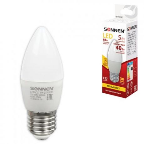 Лампа светодиодная SONNEN, Е27, 5W, LED С37, теплый свет, свеча
