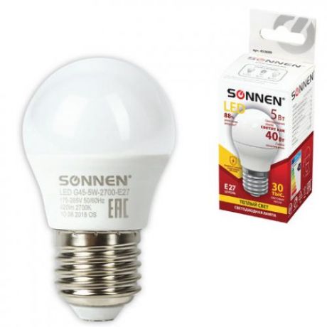 Лампа светодиодная SONNEN, Е27, 5W, LED G45, теплый свет, шар