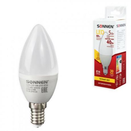 Лампа светодиодная SONNEN, Е14, 5W, LED C37, теплый свет, свеча