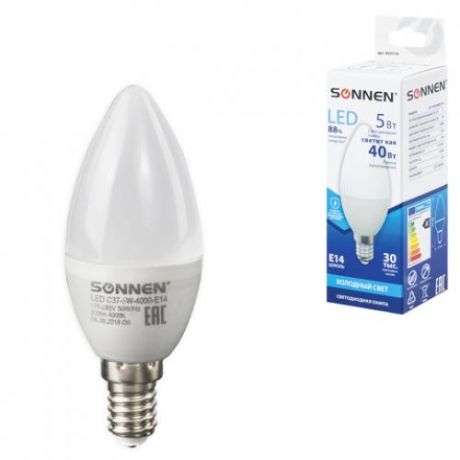Лампа светодиодная SONNEN, Е14, 5W, LED C37, холодный свет, свеча