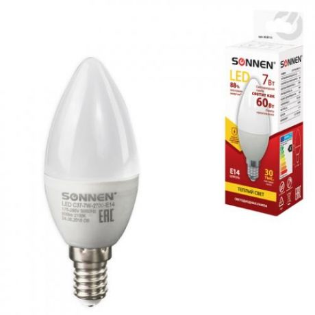 Лампа светодиодная SONNEN, Е14, 7W, LED С37, теплый свет, свеча