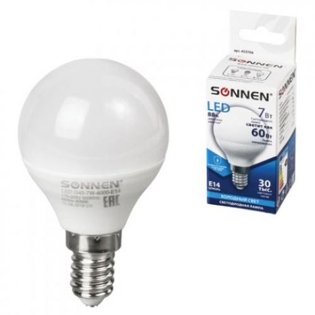 Лампа светодиодная SONNEN, Е14, 7W, LED G45, холодный свет, шар