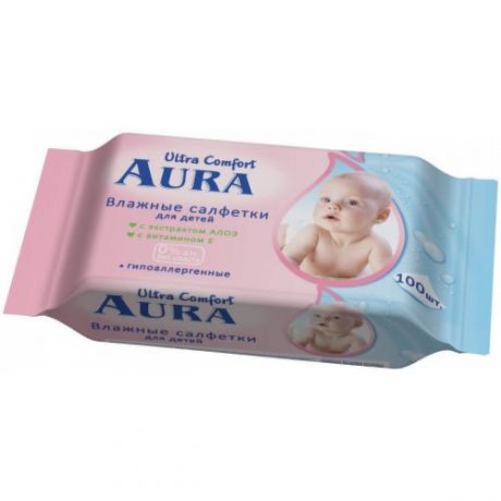 Салфетки влажные детские AURA, Ultra Comfort, Алоэ и витамин E, 100 шт