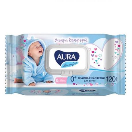 Салфетки влажные детские AURA, Ultra Comfort, Алоэ и витамин Е, 120 шт