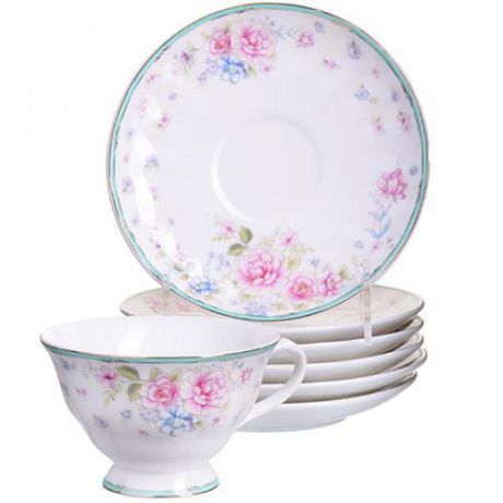 Чайный набор LORAINE, 12 предметов, белый/розовый, с голубым кантом