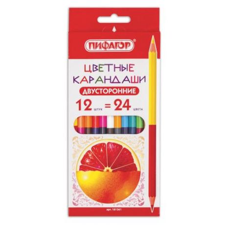 Набор цветных двусторонних карандашей ПИФАГОР, Сочные фрукты, 24 цвета, 12 шт, с европодвесом