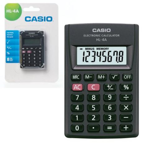 Калькулятор карманный CASIO, HL-4A-S, 8,7*5,6 см, черный