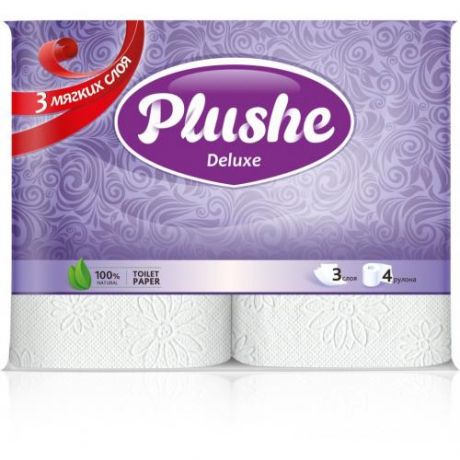 Туалетная бумага Plushe, Deluxe, Классическая, 4 шт
