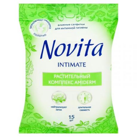 Салфетки влажные Novita, Intimate, 15 шт, для интимной гигиены, зеленый