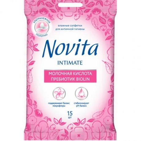 Салфетки влажные Novita, Intimate, 15 шт, для интимной гигиены, розовый