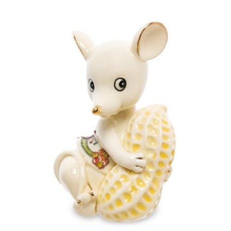 Фигурка декоративная Pavone, Мышка с орехом, 5,5*7*10,5 см, белый/желтый