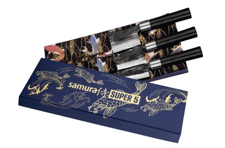 Набор кухонный - 3 кухонных ножа "Samura SUPER 5" (23, 43, 95), гвоздичное масло, салфетка