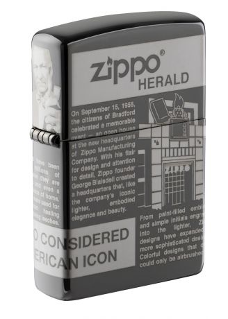Зажигалка ZIPPO Classic Newsprint Design с покрытием Black Ice®, латунь/сталь, чёрная, глянцевая, 36х12х56 мм