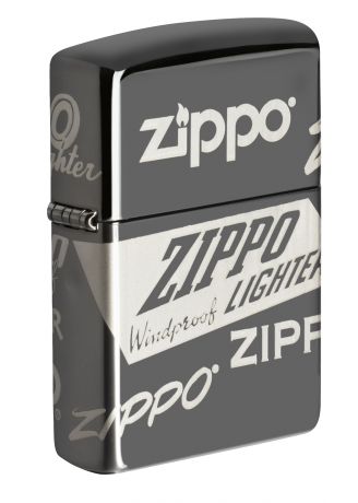 Зажигалка ZIPPO Classic Logo Design с покрытием Black Ice®, латунь/сталь, чёрная, глянцевая, 36х12х56 мм