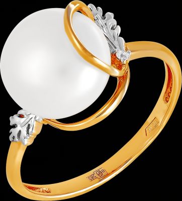 Кольцо с жемчугом и фианитом из красного золота