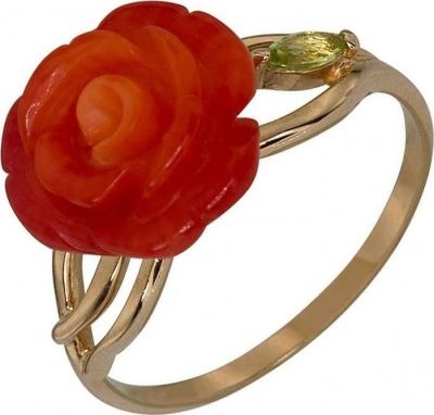 Кольцо с кораллом и хризолитом из красного золота