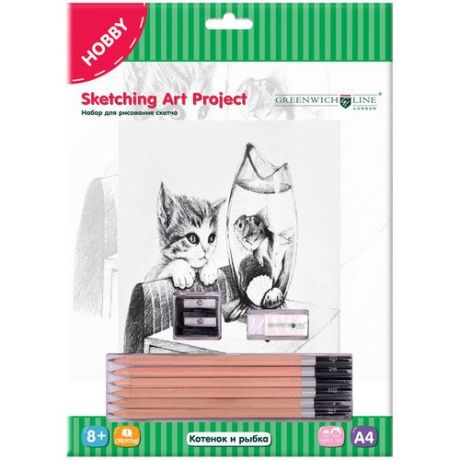 Набор для рисования скетча "Котенок и рыбка" A4, карандаши, ластик, точилка