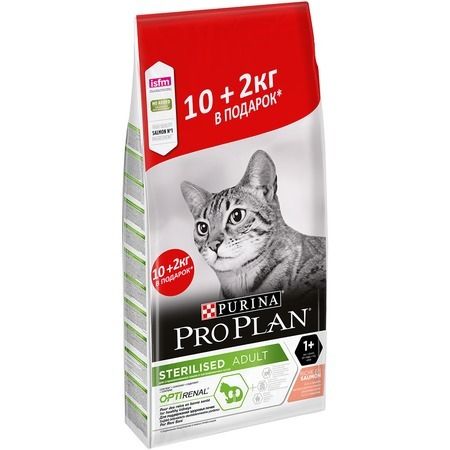 Purina PRO PLAN Сухой корм Pro Plan Cat Adult Sterilised для стерилизованных кошек с лососем - 10 кг + 2 кг в подарок