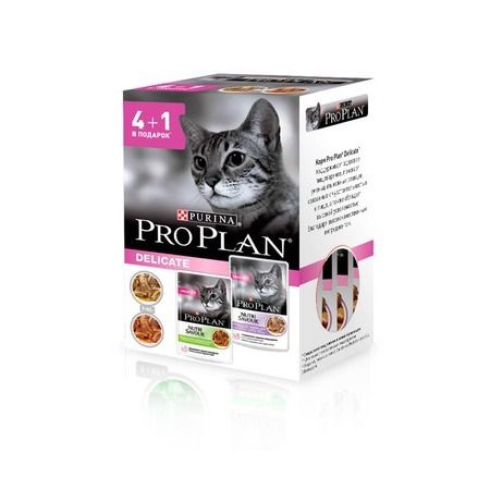 Purina PRO PLAN Влажный корм Pro Plan Delicate для кошек с чувствительным пищеварением с индейкой и ягненком, промо-набор 4+1 - 85 г