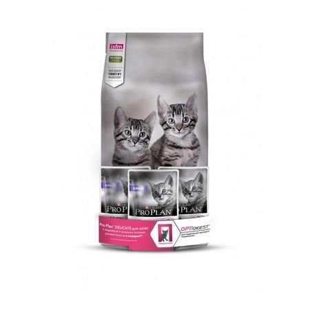 Purina PRO PLAN Сухой корм Purina Pro Plan Delicate для котят с чувствительным пищеварением с индейкой - 1,5 кг + 3 пауча в подарок
