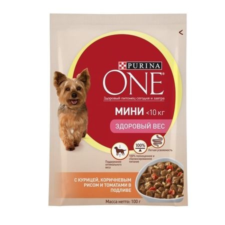 Purina One Влажный корм Purina ONE Мини Здоровый вес для взрослых собак мелких пород для поддержания оптимального веса с курицей, коричневым рисом и томатами в подливе - 100 г